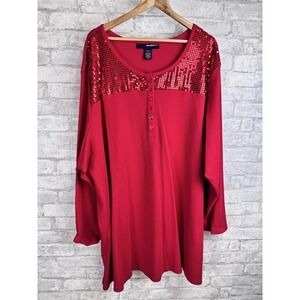Denim 24/7 Waffle Knit Henley Top 5X Holiday Red Sequin‎ Embellished Party
